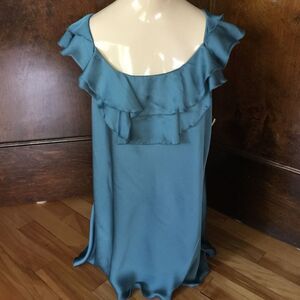 Kenar satiny teal ruffle neckline top, large